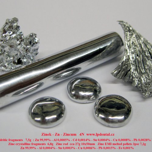 Zinek - Zn - Zincum Zinc crystalline-dendritic fragments-rod-pellets.jpg
